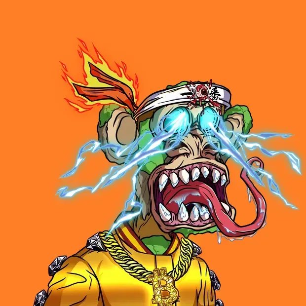 An illustrated monkey-like character with glowing eyes, a flaming bandana, and gold chains shoots blue lightning from its eyes while wearing a yellow jacket against an orange background.