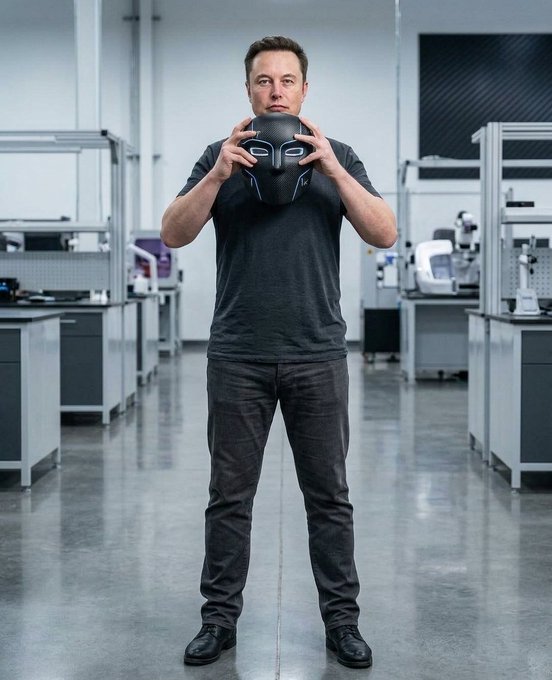 Elon Musk stands in a laboratory or workshop setting, holding a black mask in front of his face, wearing a dark t-shirt and gray pants.