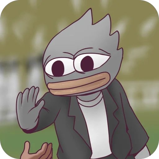 A cartoon duck character with spiky gray hair, wide eyes, and a brown beak, wearing a black jacket over a white shirt, waving at the viewer.