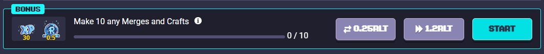 A digital game interface showing a BONUS task to 'Make 10 any Merges and Crafts' with progress at 0/10 and RLT rewards of 0.25 and 1.2.