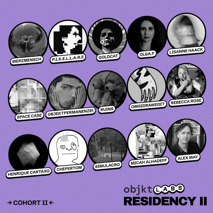 A purple graphic displays circular profile images and names of 15 artists for 'objkt LABS RESIDENCY II COHORT II', including Merzmensch, P.I.X.E.L.L.A.R.E, Goldcat, Olga.F, Lisanne Haack, Space Case, Objektpermanenz81, Ruins, OMGIDRAWEDIT, Rebecca Rose, Henrique Cartaxo, Chepertom, Simulacro, Micah Alhadeff, and Alex May.