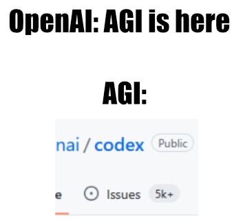 Meme image with text 'OpenAI: AGI is here' and 'AGI:' above a screenshot of a GitHub repository showing 'nai/codex' Public repo with 5k+ Issues.