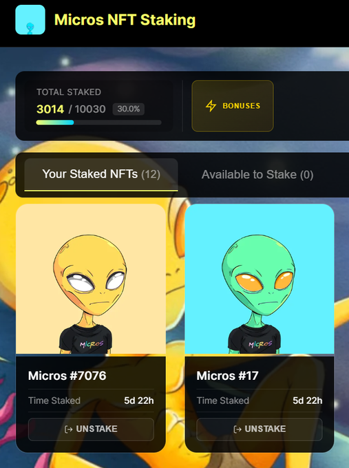 Micros NFT Staking interface showing 3014/10030 NFTs staked at 30.0%, with two displayed NFTs (Micros #7076 and #17) both staked for 5d 22h.