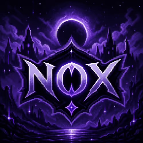 A stylized purple and black logo with the text 'NOX' set against a mystical castle background with a moon and starry sky.