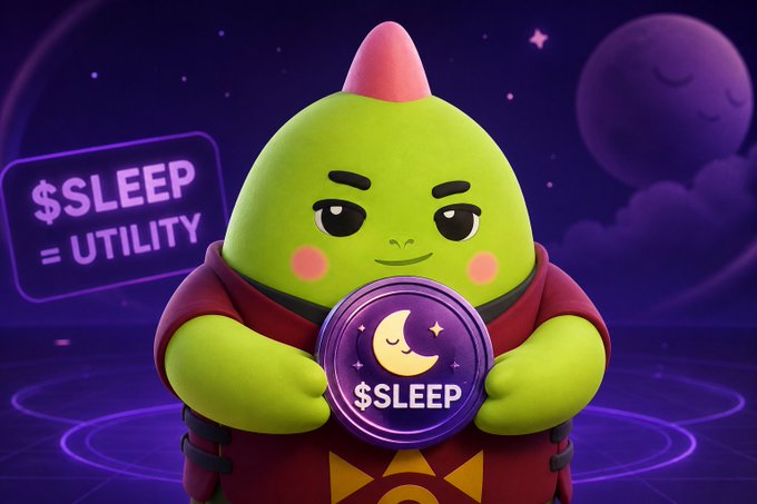 A green, dragon-like cartoon character wearing a pink mohawk and maroon outfit proudly holds up a purple "$SLEEP" token with a moon emblem, set against a cosmic backdrop featuring a sleeping crescent moon and a neon sign reading "$SLEEP = UTILITY." The image visually reinforces the post's message about questioning a token's true utility—if core functions like staking, AI credits, and purchases still work without it, the token's value is essentially meaningless, much like a cartoon mascot without real substance behind it.