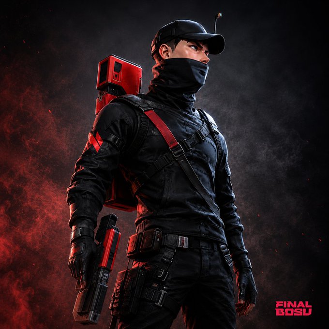 A stylized digital illustration of a tactical operative in black gear with red accents, face mask, cap, and an antenna, holding a firearm with the "FINAL BOSU" logo in the corner.