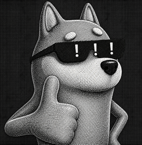 A black-and-white engraved-style illustration of a cartoon dog wearing sunglasses with '!!!' symbols in the lenses, giving a thumbs up.
