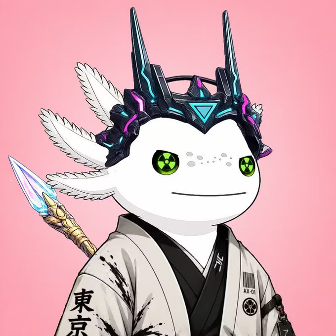 A stylized digital illustration of a character with a white round face, green radiation-symbol eyes, a black and neon crown/headpiece with white feathers, wearing a kimono with Japanese characters '東京' (Tokyo) and holding a spear.