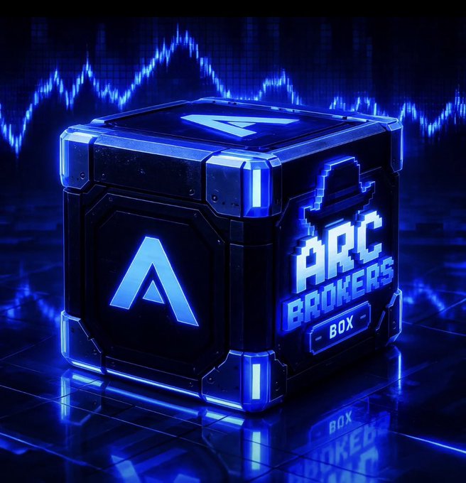 A 3D-rendered glowing blue 'ARC BROKERS BOX' loot crate with the Arc logo on a reflective grid background and audio waveform visualizations.