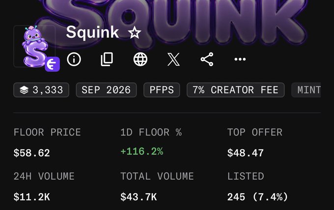 A dashboard for the "Squink" NFT collection shows a floor price of $58.62 with a +116.2% 1D floor change, 3,333 items, 7% creator fee, and $11.2K 24H volume.