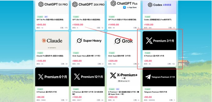 A Chinese e-commerce listing page showing various AI subscription services for sale, including ChatGPT 5X PRO, ChatGPT 20X PRO, Claude Pro, and X Premium 3-month subscriptions priced in yuan.