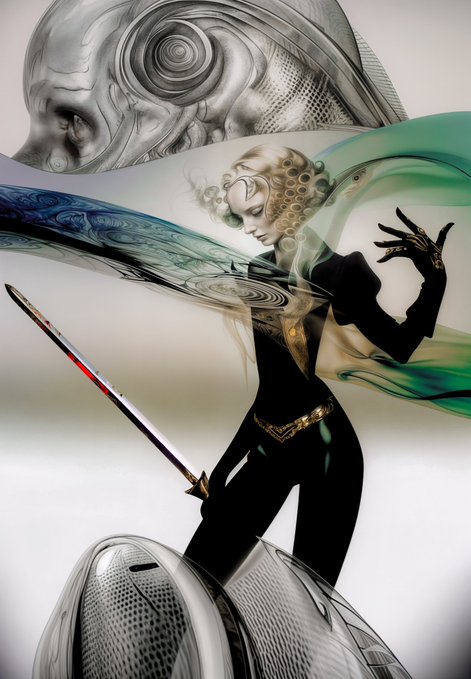A digital artwork depicts a stylized feminine figure with curly blonde hair in a black bodysuit, holding a katana, set against a surreal metallic background with flowing green fabric.