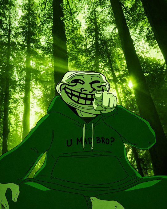 A trollface meme character wearing a green hoodie that says "U MAD BRO?" points at the viewer in a sunlit forest setting.