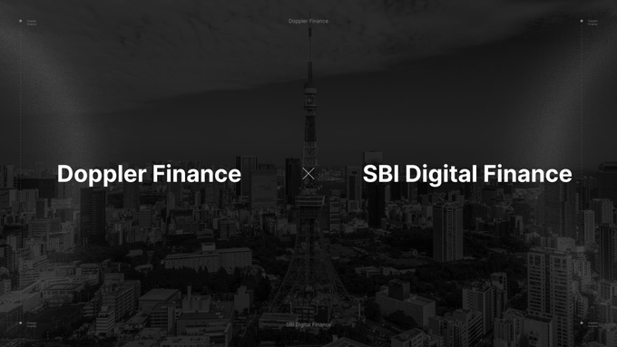 A dark, atmospheric cityscape of Tokyo featuring the Tokyo Tower serves as the backdrop for a partnership announcement reading "Doppler Finance × SBI Digital Finance," visually reinforcing the Japanese institutional collaboration highlighted in the post about advancing XRP finance infrastructure.