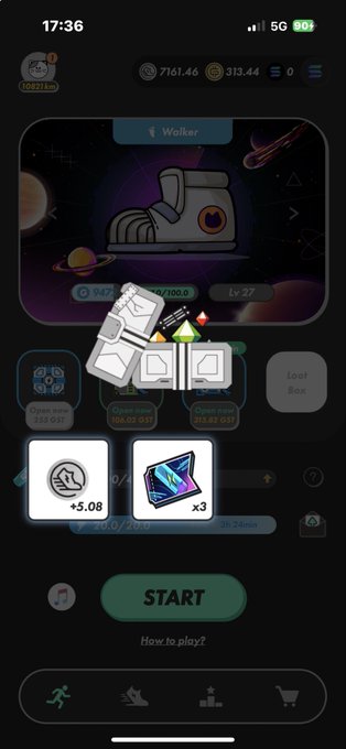 A mobile game screenshot titled 'Walker' showing a character at Lv 27 with rewards including +5.08 and a crystal x3, featuring a START button.