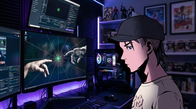 An anime-style illustration of a young man wearing a cap in a gaming setup with multiple monitors displaying a creation-of-adam style image with hands and a cyberpunk hand touching, set against purple lighting.