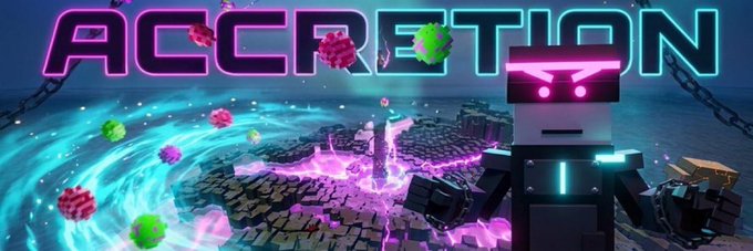 The image is a promotional banner for "ACCRETION," showing a blocky, robotic character with glowing pink eyes standing beside a swirling cosmic vortex filled with colorful cubic asteroids and floating platforms, evoking the dynamic, interactive 3D NFT worlds referenced in the accompanying post.