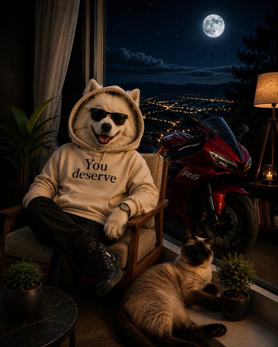 A Shiba Inu dog wearing sunglasses and a 'You deserve' hoodie sits in a chair at night, with a Siamese cat and a red Yamaha R6 motorcycle nearby under a full moon.