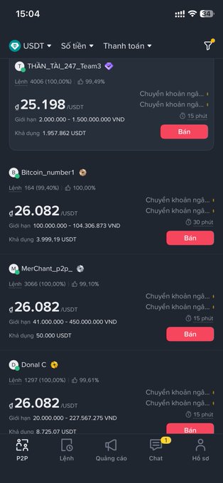 Screenshot of a Binance P2P cryptocurrency trading interface showing USDT sell offers in Vietnamese Dong, with listings from sellers THẦN_TÀL_247_Team3, Bitcoin_number1, MerChant_p2p, and Donal C at various rates around 25-26,082 USDT/VND.