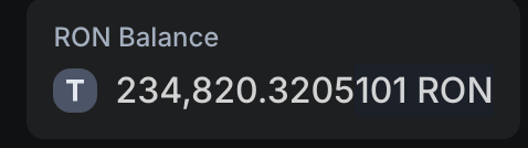 A digital display showing a 'RON Balance' of 234,820.3205101 RON next to a 'T' icon.