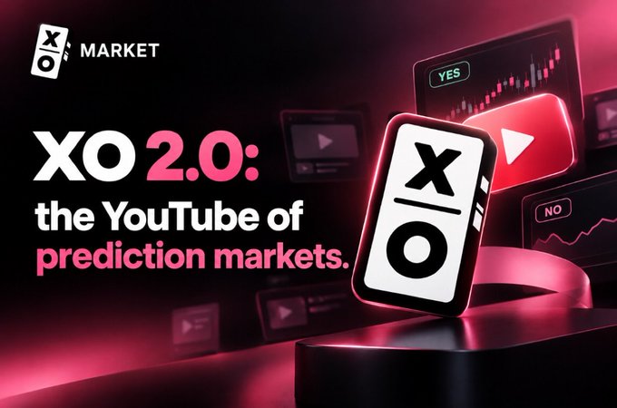 A promotional graphic for 'XO MARKET' describing itself as 'XO 2.0: the YouTube of prediction markets,' with a stylized X/O device icon on a red-lit background.