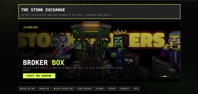 A screenshot of "The Stonk Exchange" website shows pixel-art characters trading at a "Broker Box" certificate counter, with the tagline "The DeFi infrastructure layer and incubator of the future - Robinhood Chain Mainnet." This relates to the post by visually representing the StonkBroker NFT project, which the post discusses as containing ERC-6551 wallets holding fractional stock tokens like TSLA, AMD, and AMZN.