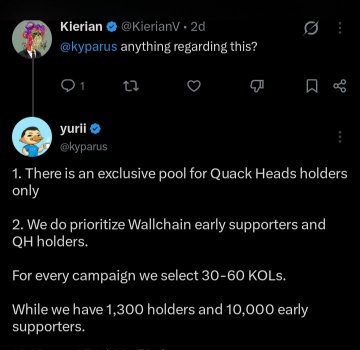 A screenshot of a social media conversation where Kieran asks Kyparus about exclusive pools, and the reply mentions prioritizing Wallchain early supporters and Quack Heads (QH) holders, noting they have 1,300 holders and 10,000 early supporters while selecting 30-60 KOLs per campaign.