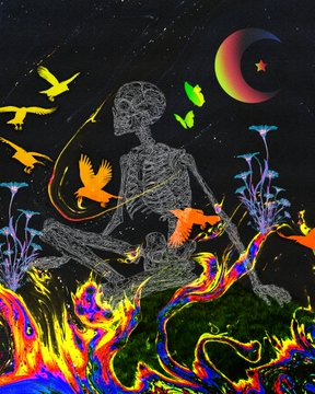 A skeleton meditates in a lotus position under a solar eclipse, surrounded by glowing neon butterflies, fiery flames, and vibrant rainbow flora against a starry night sky. The psychedelic, trippy artwork aligns with the post's theme of "excessive curiosity," evoking a mystical, otherworldly journey—fitting for a 1/1 NFT release on Transient Labs.