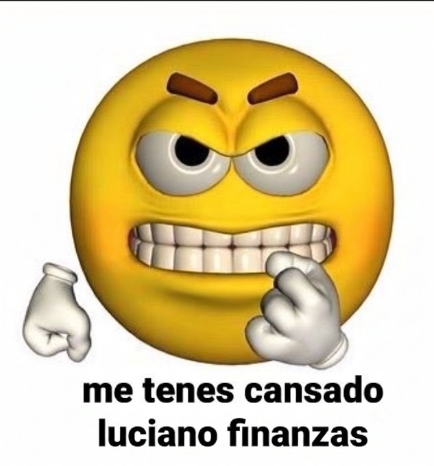 A grimacing yellow emoji with clenched fists and gritted teeth appears above the Spanish text "me tenes cansado luciano finanzas" (meaning "you make me tired, Luciano Finances"), expressing the post's frustration toward financial commentator Luciano Finanzas after the OKX card stopped working.