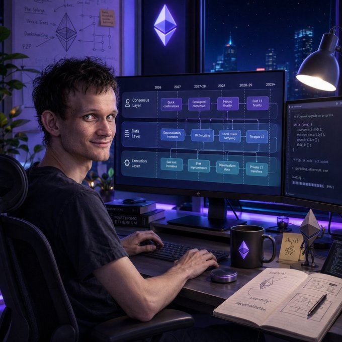 An AI-generated image of Vitalik Buterin sitting at a desk in front of a monitor displaying an Ethereum roadmap timeline (2026-2029+), featuring glowing Ethereum logos and various tech accessories.