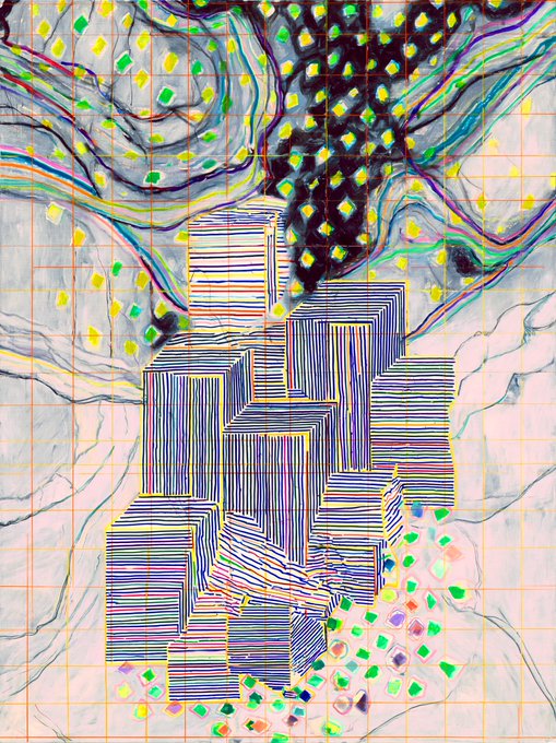 An abstract artistic composition features a grid pattern overlaid with colorful, striped, blocky structures and flowing, organic dark shapes dotted with bright spots.