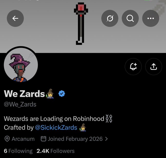 A Twitter/X profile page for 'We Zards' (@We_Zards), featuring a pixel-art wizard avatar and the bio 'Wezards are Loading on Robinhood. Crafted by @SickickZards'.
