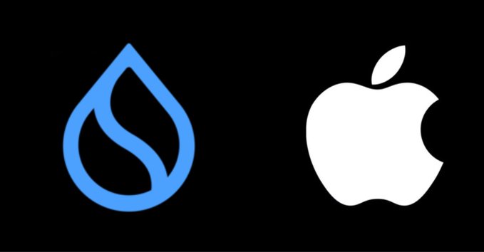 The image shows the blue Sui logo on the left and the white Apple logo on the right, highlighting a speculative post suggesting that an Apple announcement could fuel unprecedented FOMO around $SUI and prompting users to invest in Sui.