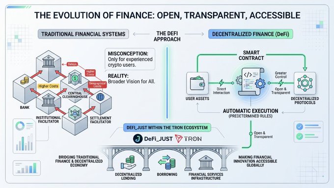 An infographic titled 'THE EVOLUTION OF FINANCE: OPEN, TRANSPARENT, ACCESSIBLE', comparing traditional financial systems with decentralized finance (DeFi) and featuring 'DeFi_JUST' within the TRON ecosystem.