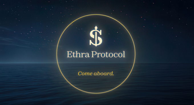 A logo for 'Ethra Protocol' with the tagline 'Come aboard.' displayed in a glowing circle against a dark seascape with stars.