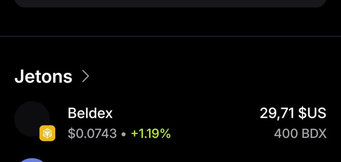 A dark crypto exchange interface lists “Jetons” and “Beldex,” showing “29,71 $US,” “$0.0743 • +1.19%,” and “400 BDX.”