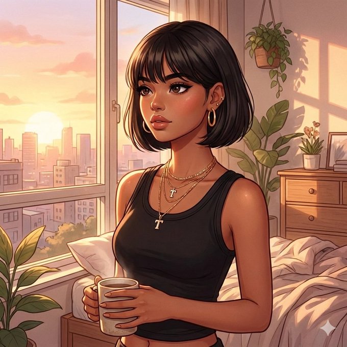 A stylized illustration of a young woman with a short black bob haircut, wearing a black tank top and gold necklaces, holding a mug in a sunlit bedroom with a city view.