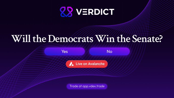 A promotional graphic for VERDICT displays a polling interface asking "Will the Democrats Win the Senate?" with "Yes" and "No" voting buttons, a "Live on Avalanche" badge, and a "Trade at app.vdex.trade" link against a purple wavy background. The image illustrates the platform's prediction market feature mentioned in the post, highlighting its seamless trading of political predictions alongside crypto and traditional markets for Avalanche ecosystem users.