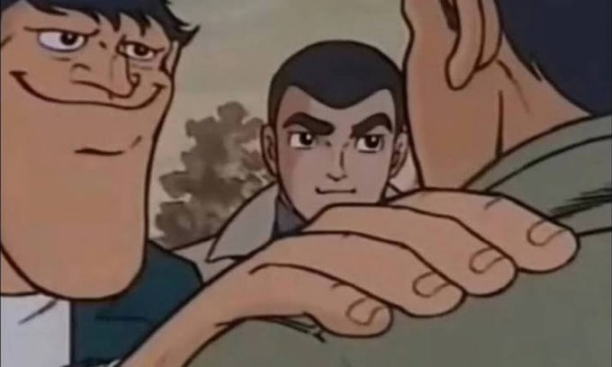 An animated scene featuring a character with a smirking expression in the foreground, while another character looks on with a concerned expression in the background.