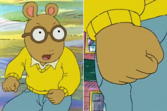 A two-panel cartoon showing Arthur the aardvark character, with his normally hidden rear end exposed in the right panel, humorously referencing the Arthur fist meme.