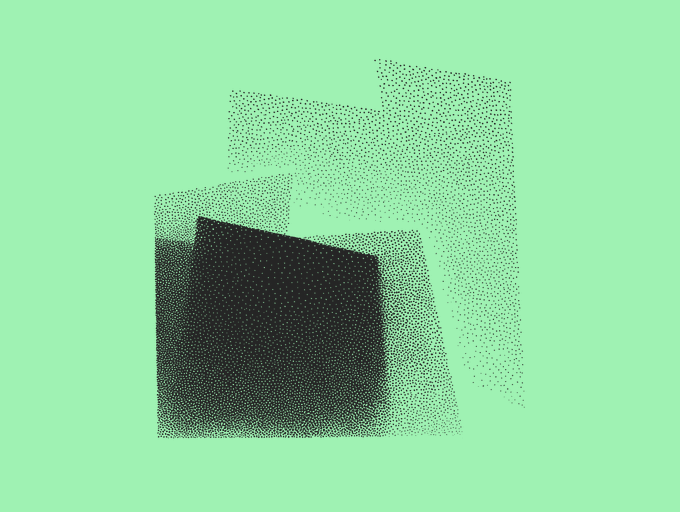 An abstract graphic design with a mint green background and overlapping black halftone-dotted geometric shapes.