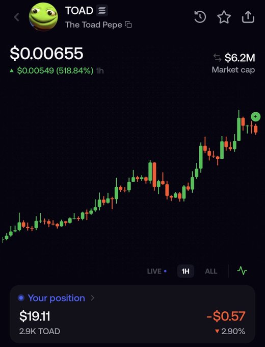 A cryptocurrency tracking app displays TOAD (The Toad Pepe) token priced at $0.00655, up 518.84% in 1 hour, with a market cap of $6.2M and the user's position showing -$0.57 (-2.90%) loss.