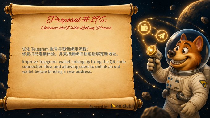 A scroll graphic presents 'Proposal #196: Optimize the Wallet Linking Process' in both Chinese and English, powered by 48.Club, accompanied by a cartoon dog astronaut in space.