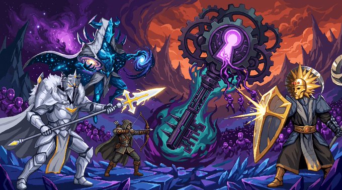 A fantasy digital illustration depicting a battle scene with various characters, including a knight in white armor and a wizard with a glowing staff, alongside shadowy figures and a purple portal.