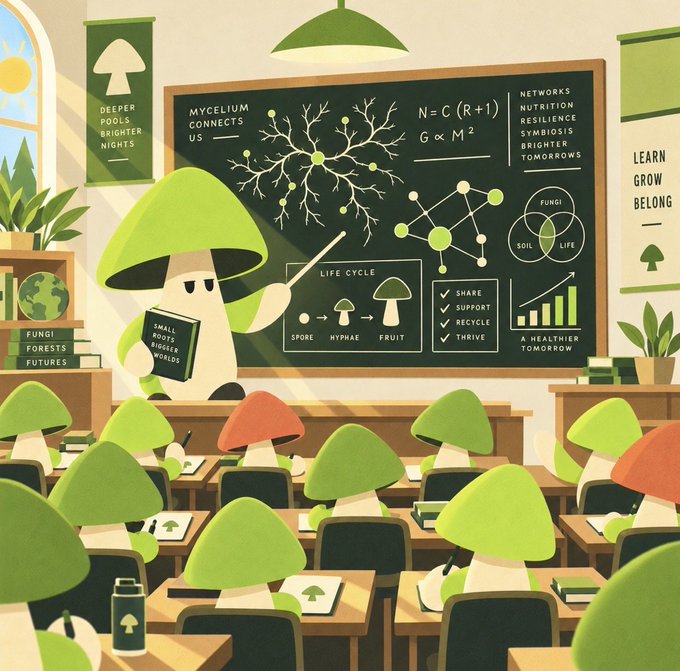 A cartoon mushroom teacher lectures fellow fungi students at desks, pointing to a chalkboard covered in diagrams and phrases like "MYCELIUM CONNECTS US," "LIFE CYCLE," "FUNGI × SOIL × LIFE," and "A HEALTHIER TOMORROW," with wall banners reading "DEEPER POOLS BRIGHTER NIGHTS," "FUNGI FORESTS FUTURES," "SMALL ROOTS MIGHTY WORLDS," and "LEARN GROW BELONG," mirroring the SHROOM post's celebration of 130,306 swaps across 434 pools and 1.08B SHROOM moved.