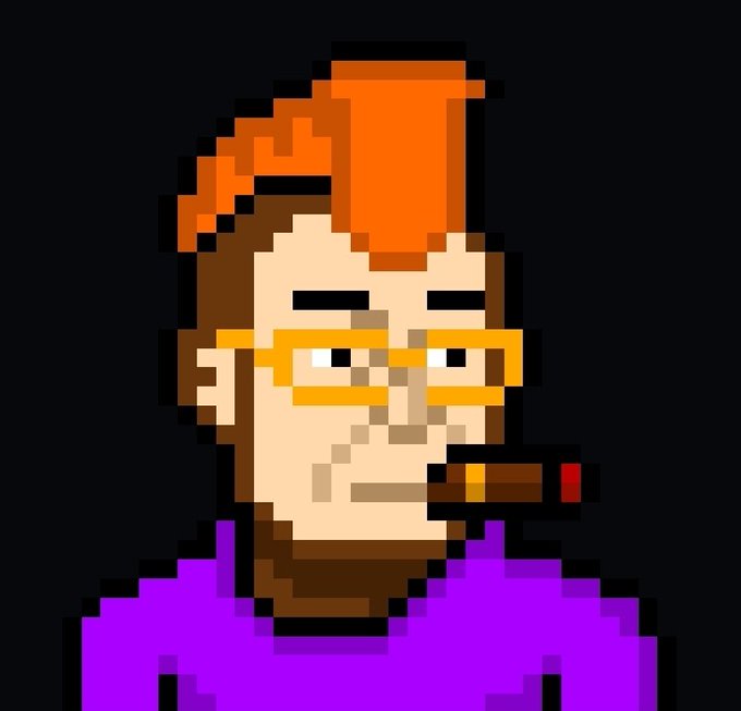 A pixel art portrait of a person with orange hair, glasses, a beard, smoking a cigar, and wearing a purple shirt.