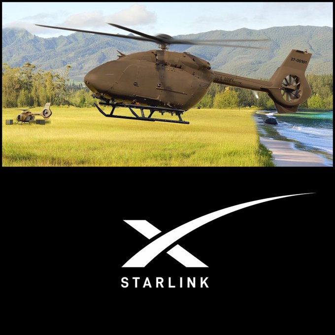 An Airbus unmanned cargo helicopter flies over a grassy field, with “U.S. ARMY” and registration “ZT-001” visible on the aircraft. The lower panel shows the white “STARLINK” logo, highlighting the system used to command the autonomous helicopter for remote resupply missions.