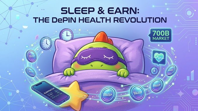 A promotional graphic reading 'SLEEP & EARN: THE DePIN HEALTH REVOLUTION' featuring a sleeping cartoon character with a sleep mask on a purple pillow, surrounded by $SLEEP tokens, clocks, and a '700B MARKET' badge.