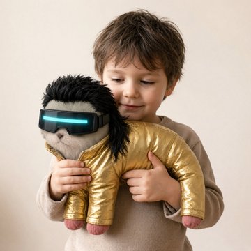 A young boy hugging a plush monkey toy wearing blue LED-lit goggles and a shiny gold jacket.