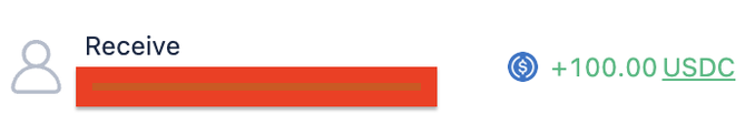 A digital interface shows a user profile icon with a "Receive" field highlighted in red, alongside a green "+100.00 USDC" amount.